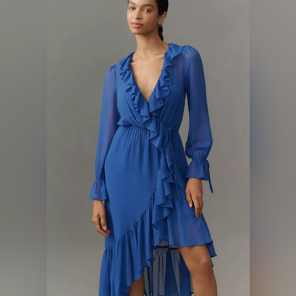 Anthropologie Blue Long-Sleeve Ruffled Asymmetric Midi Dress